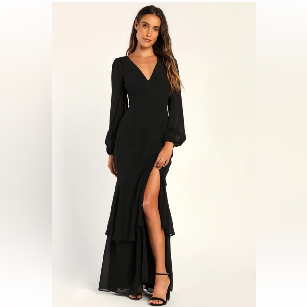 Lulus | Black Tier Elegance Long Sleeve Tiered Maxi Dress